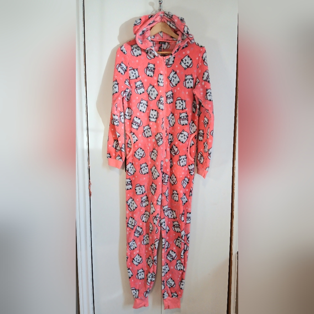 Urban Heritage Women's XL Cat Print Hooded Onesie Pajamas Fleece Zip Up Jumpsuit